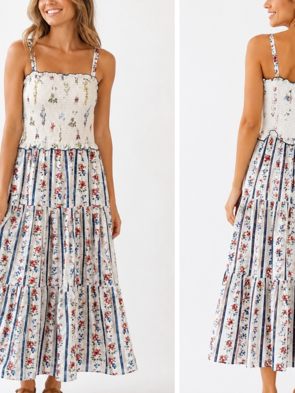 White Closet Smocked Maxi Dress Blue White Floral ( Hill House Home Ellie Anjuli